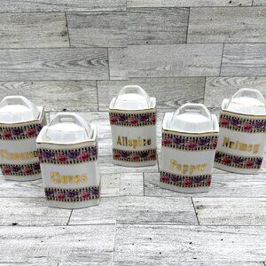 Vintage German Porcelain White Block Small Spice Jar Canisters w/Lids, Set of 5